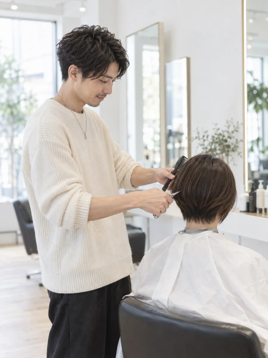 ショートヘアをカットするスタイリスト