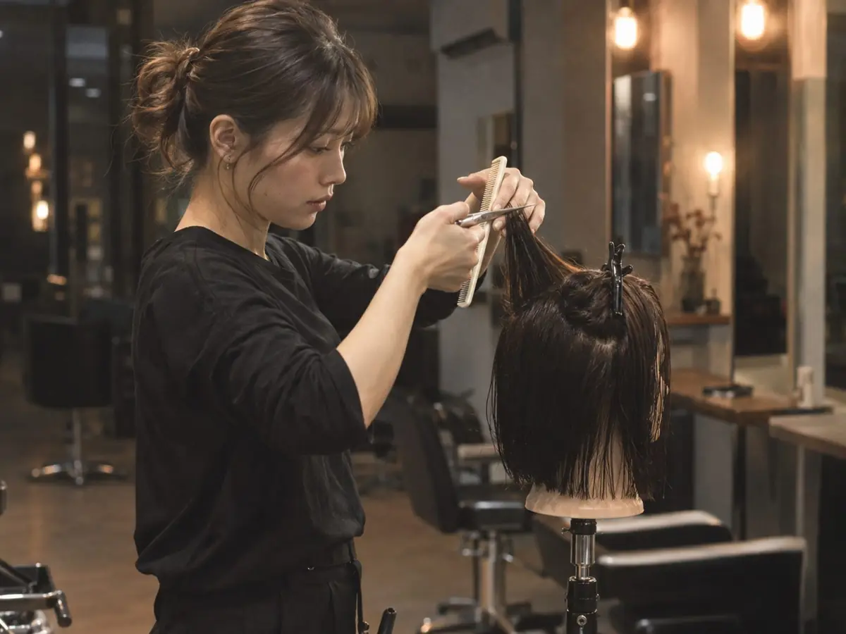 サロンでカットの練習をする美容師